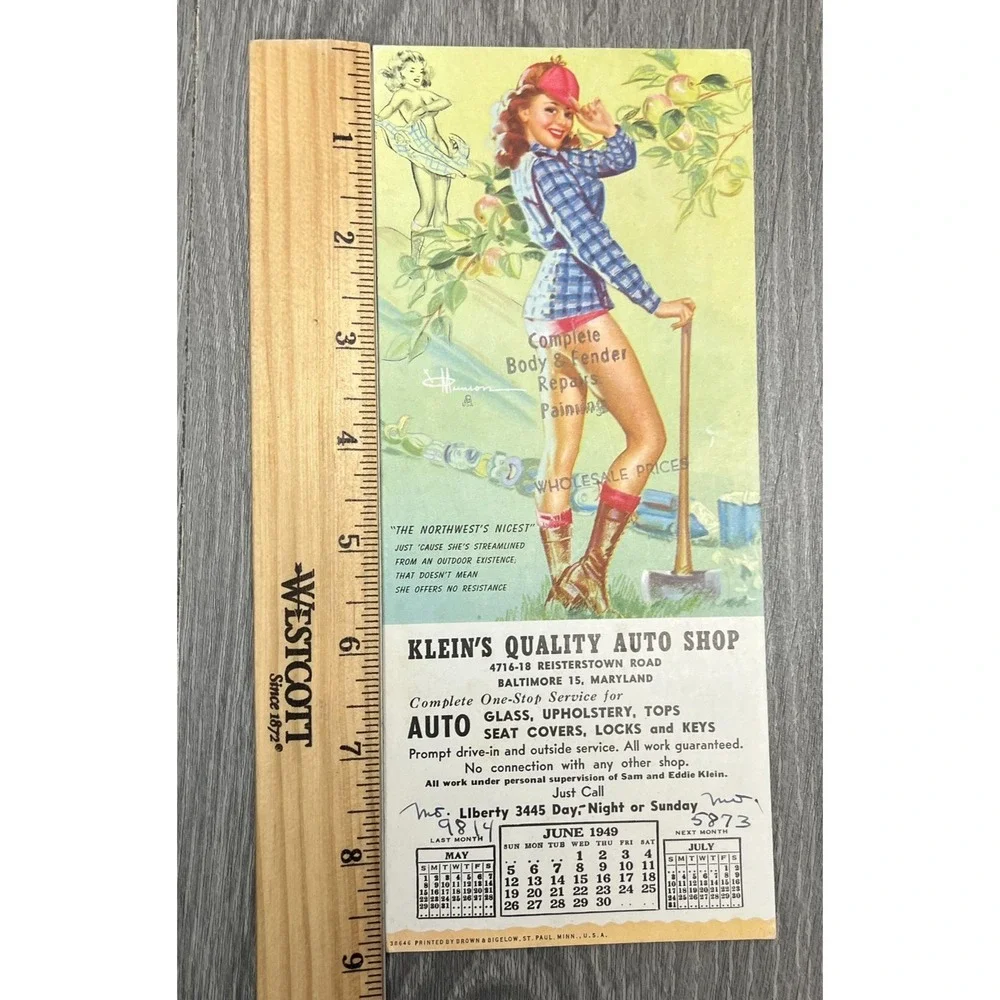 Vintage 1949 Brown & Bigelow Pin Up Ad Card Klein's Auto Shop Baltimore MD
